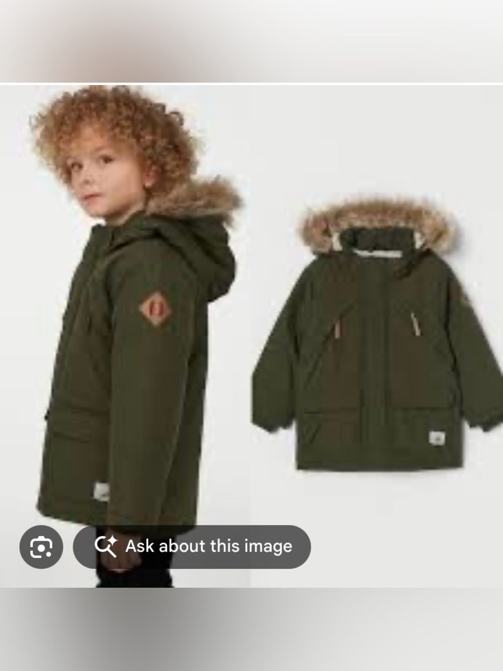 EUC H&M Toddler Boy/Unisex Olive Green Faux-Fur Trim Parka Jacket Sz 2-3YRS